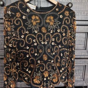 Vintage Laurence Kazar Black 100% Silk Beaded XL Top / Floral Gold Sequins